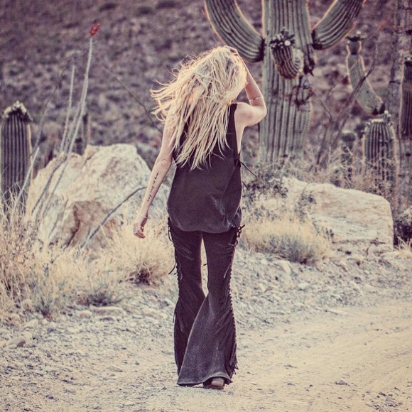 REGULAR LENGTH High Waisted Fringe Bell Bottoms in BLACK SOLID Rocker Festival - Picture 4 of 12